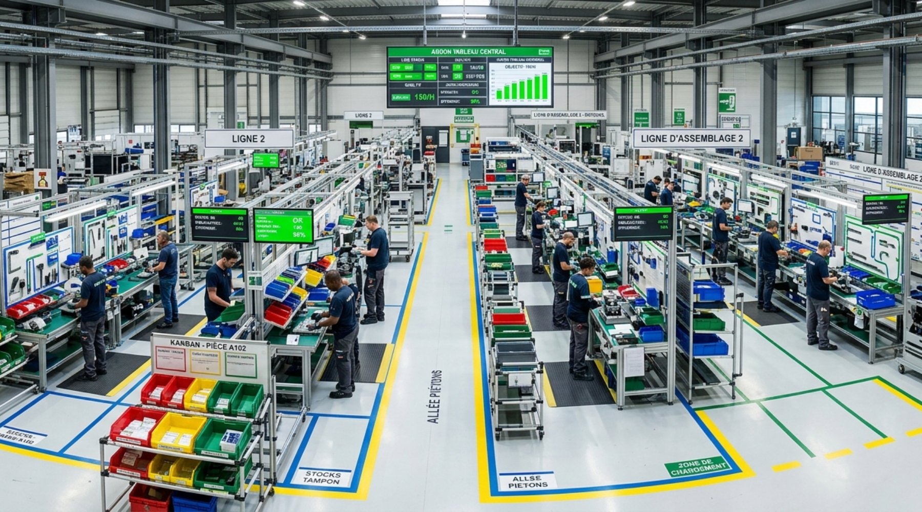Usine lean manufacturing avec flux optimisés, management visuel, tableaux andon et postes de travail organisés